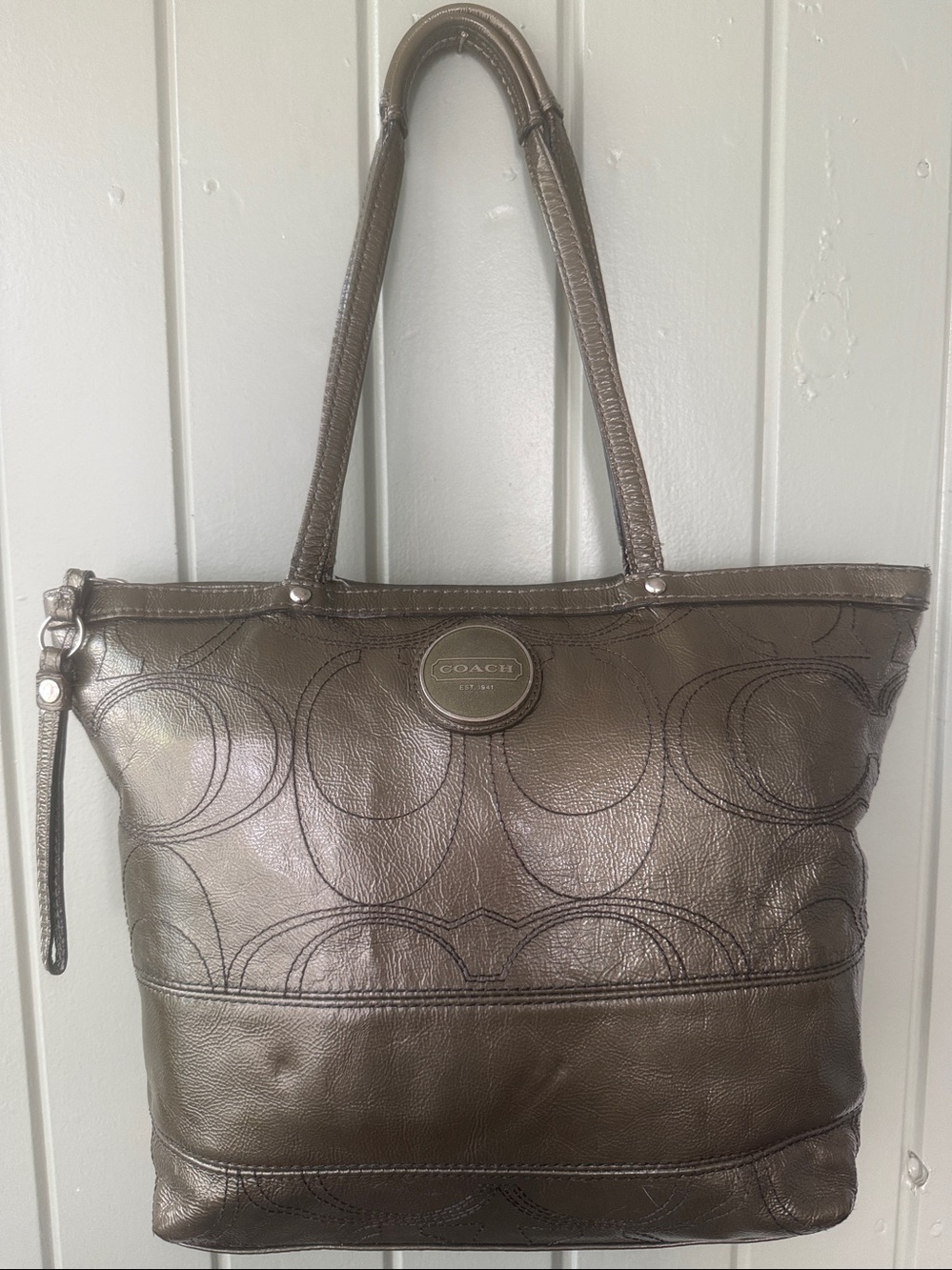 COACH Parker Metallic Leather Tote Olive Bronze Silver Hardware Blue Satin Bag - Picture 2 of 13